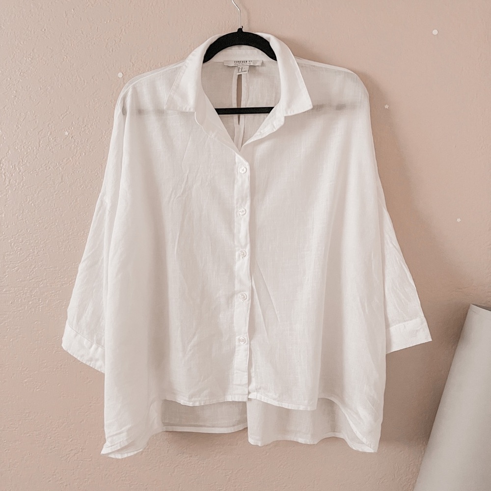 Forever21 Button Down Shirt Women size Small White Long Sleeve Light Collar Top - Picture 2 of 8